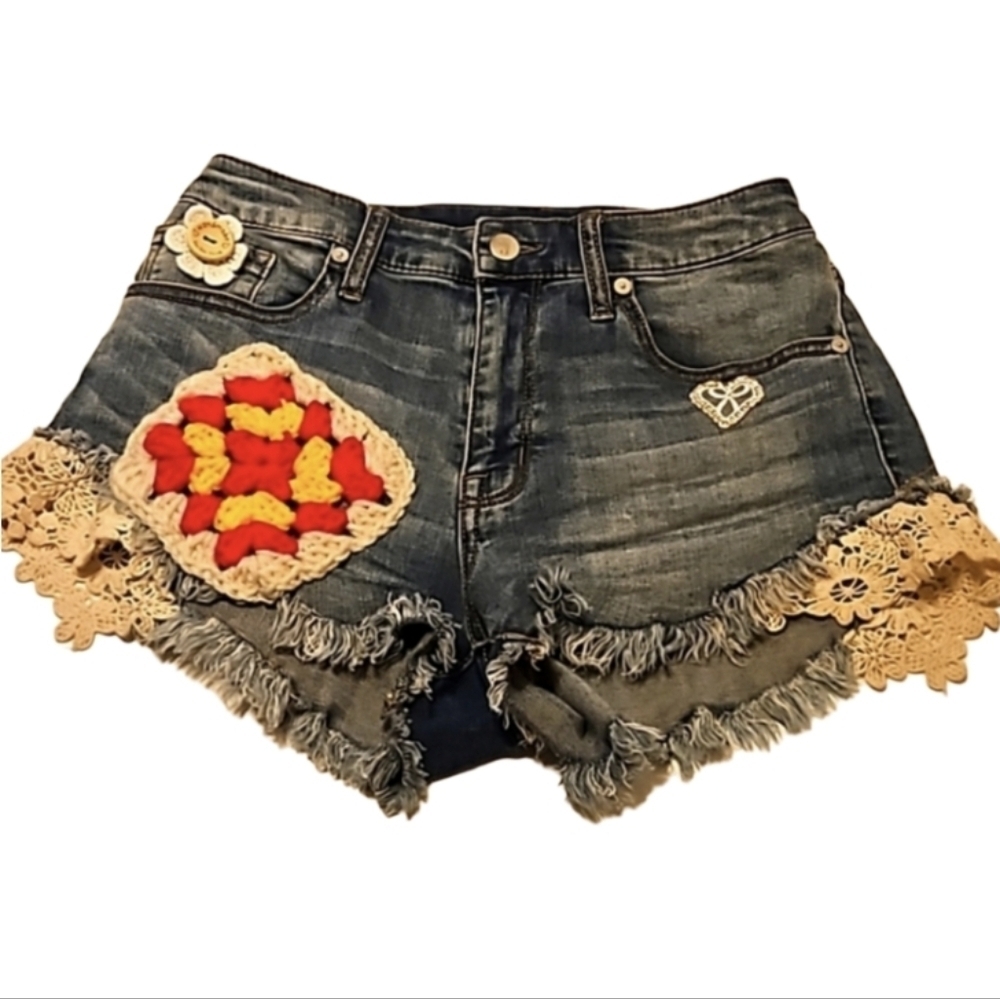 Hand Crafted Upcycled Denim Crochet Shorts Granny Square Handmade High rise 29